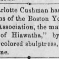 <em>Public Ledger</em>, Charlotte Cushman presented "Wooing of Hiawatha" by Edmonia Lewis, Nov 18, 1867