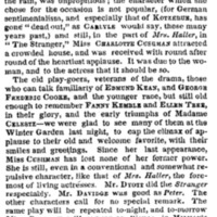 "WINTER GARDEN—REAPPEARANCE OF MISS CHARLOTTE CUSHMAN", <em>New York Times</em>, Oct 2, 1860